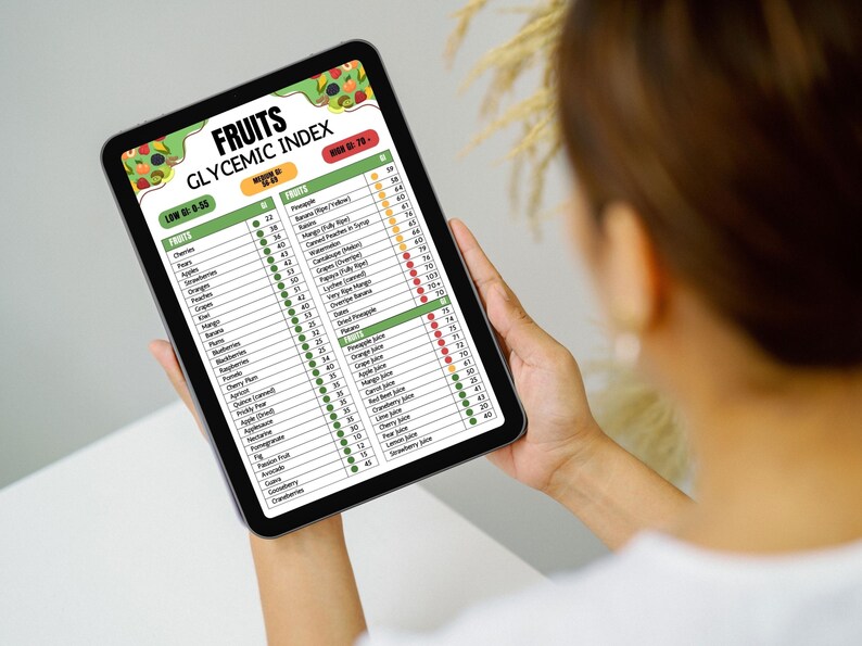 May include: A person holds a tablet displaying a "Fruits Glycemic Index" chart. The chart lists various fruits and juices with their glycemic index values, color-coded for low, medium, and high GI levels. The tablet has a black frame and is held against a white background.