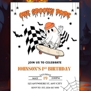 Bearbeitbar Halloween Boy 1st Geburtstag einladen, Halloween One Spooky Dude Geburtstagseinladung, Spooky One Skateboard Ghost, erster Geburtstag