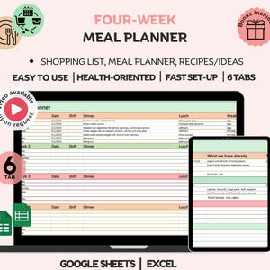 Weekly Meal Planner Google Sheets, Food journal, Meal Plan Template, Automatic Grocery List, Meal Prep Planner Printable, Excel Meal Planner