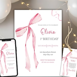 Pink Bow 1st Birthday Invitation, Our Little Is Turning One, Girl First Birthday Invite, Elegant 1st Pink Ribbon Theme Party Invitation