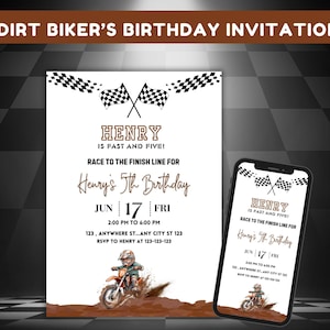 May include: A birthday invitation with the text "Dirt Biker's Birthday Invitation." The invitation features a dirt bike illustration and the text "Henry is Fast and Five!" with event details. A smartphone displays the same design.