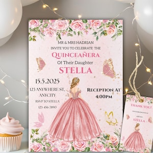 Editable Bkush Pink Quinceañera Invitation Template, Mis Quince Invitation, Quinceanera Invitation, Quinceañera thank you