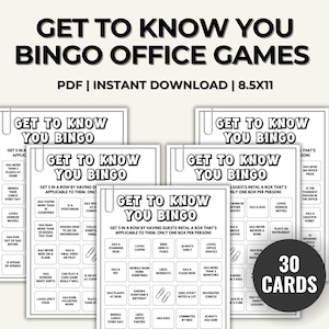 30 kart bingo do wydrukowania „Znajdź współpracownika, który…”, zabawna aktywność budująca zespół, bingo „Poznajmy się”, gra przełamująca lody na imprezie biurowej