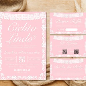Pink Cielito Lindo Baby Shower Invitation Template Set, Mexican Talavera Theme Baby Shower Invite Editable Papel Picado Baby Sprinkle Invite