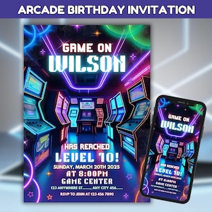 Modelo de convite de aniversário de fliperama, convite para jogo de arcade neon, convite para festa de jogos retrô, convite para aniversário de videogame digital, festa de jogadores para meninos