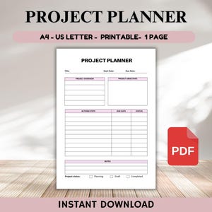 Project Planner Printable, Project Planning Template, Tasks To Do List, Work Productivity, Business Employee Planner, Instant Download PDF
