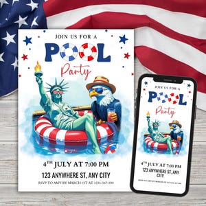 4th of July Pool Party Invitation Template, Editable Independence Day Pool Party Patriotic Invite, Patriotic Swimming Pool Party Invitation