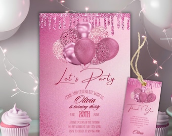 Digital Let's Party Pink Glitter Balloons Birthday Party Invitation Template, Editable Pink Glitter Invitation, Pink PartyBalloons Invite