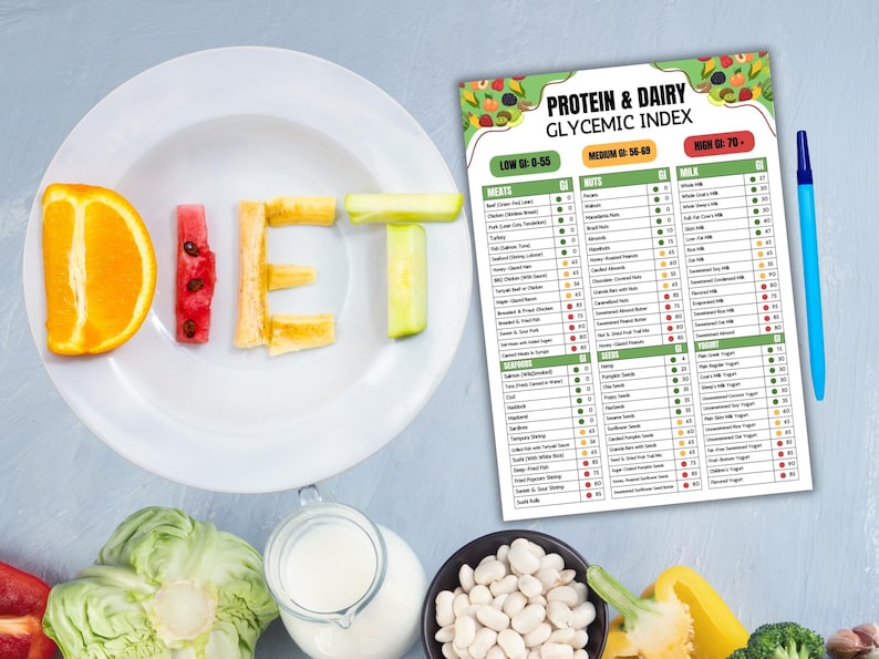 May include: A white plate with the word "DIET" spelled out using orange, watermelon, banana, and cucumber slices. A chart titled "Protein & Dairy Glycemic Index" is visible, along with various healthy food items.