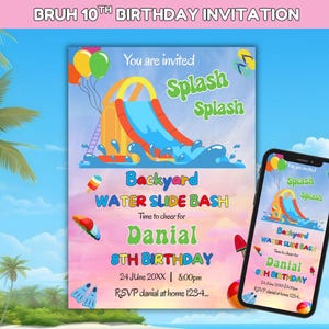 Editable Splish Splash Birthday Invitation Template, Pool Party Birthday Invitation Girly Splash Pad Water Slide Paddling Pool Summer Party