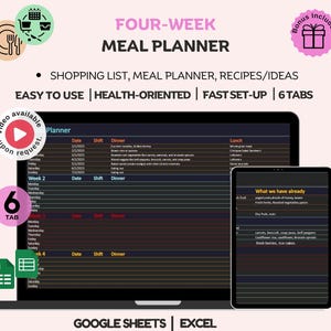 Weekly Meal Planner Google Sheets, Food journal, Meal Plan Template, Automatic Grocery List, Meal Prep Planner Printable, Excel Meal Planner