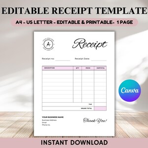 Minimalist Receipt Template, Editable Small Business Receipt Template, Customer Receipt, Receipt Form, Instant Download