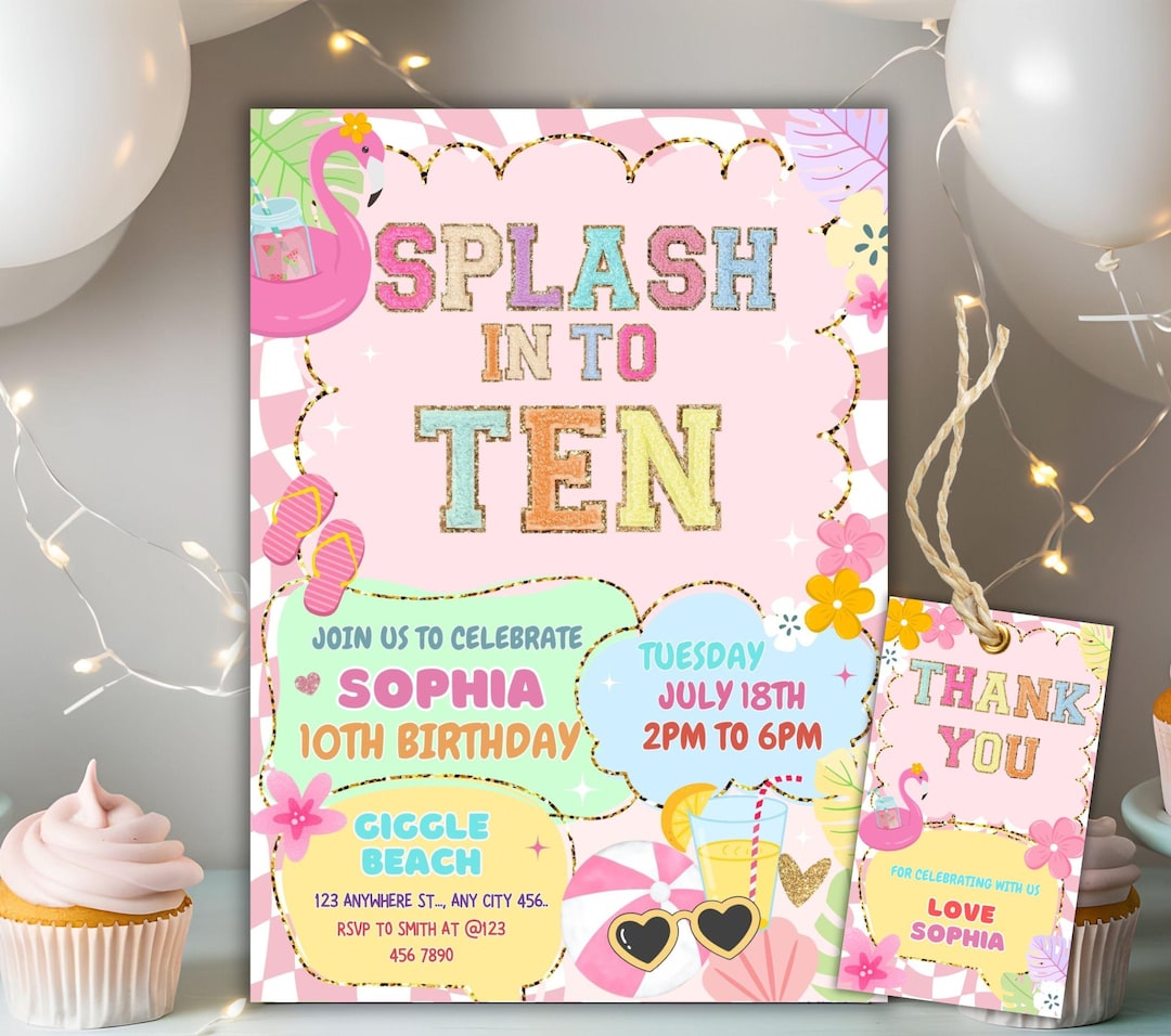 Splash Into Ten Birthday Pool Party Invitation Template Editable Girly ...
