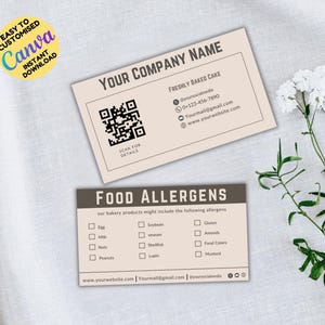 Instructions d'entretien allergènes alimentaires I modèle canva modifiable, mise en garde d'allergies pour boulangerie imprimable, cartes de mise en garde pour l'entretien des gâteaux, carte d'allergies alimentaires