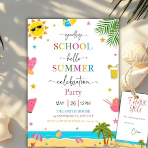 Plantilla de invitación para fiesta de fin de curso, invitación editable para fiesta de fin de curso, fiesta de verano en la piscina, invitación para fiesta en la piscina, invitación de Hola Verano