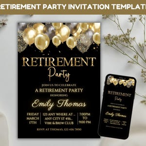 Modèle d'invitation à une fête de retraite, dîner de départ à la retraite, ballons dorés élégants, fête de départ à la retraite, c'est une surprise