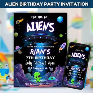 Alien verjaardagsuitnodiging bewerkbaar, ufo-uitnodiging, buitenaardse uitnodigingssjabloon, ruimteschip partij, Galaxy thema verjaardag, ruimte verjaardag uitnodigen