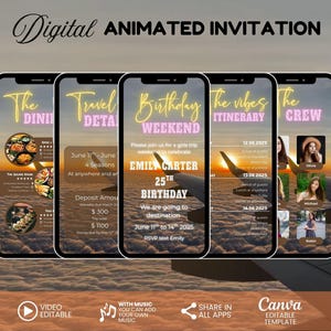 Digital Birthday Weekend Invitation Template, Editable Animated Travel Itinerary, Girls Trip Miami Vacation Schedule Trip Planner Evite