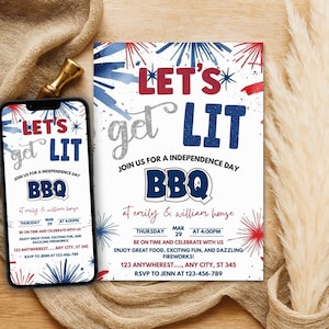 4th of July Invitation Template, Let&#39;s Get Lit 4th of July Backyard BBQ Invitation,  4th July BBQ Invitation, Independence Day party Invite