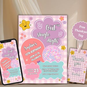 Editable Peace Out Single Digits Birthday invitation Template, Fall Groovy 10th Birthday Invite Daisy Rainbow Printable, Groovy Birthday