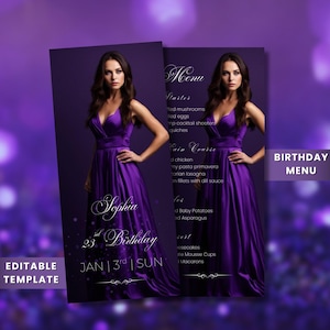 Customizable Birthday Menu, Digital Purple and Gold Template, Editable Event Menu for Birthday Celebrations, Birthday Dinner Table Menu