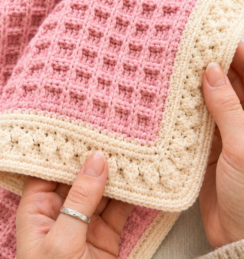 Op de afbeelding: Een gehaakte roze deken met een gestructureerd wafelsteekpatroon in het midden. De deken is afgewerkt met een brede, cr&egrave;mekleurige rand die een decoratief, verhoogd steekpatroon langs de buitenrand bevat.