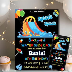 Editable Waterslide Birthday Invitation, Summer Pool Party, Splash Birthday Evite, Water Slide Bash Template, Any Age Birthday Invitation
