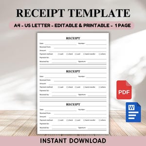 Editable Small Business Receipt Template, Receipt Template, Printable  Customer Receipt. Minimalist Receipt PDF Word, Digital Download