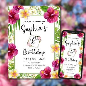 Tropical Birthday Invitation, Hawaiian Theme Invitation, Luau Invitation, Aloha Party invite, Girls Birthday invite, Summer Birthday Invite