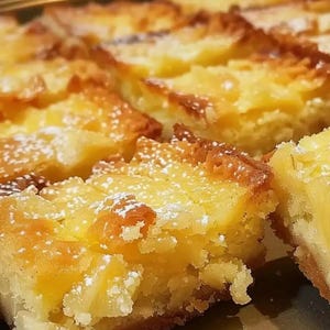 May include: Close-up of several golden-brown dessert bars, dusted with powdered sugar. The bars have a yellow filling and a slightly crispy, baked top. The image showcases the texture and color of the baked goods.