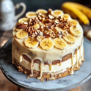 Bananen-walnotenroomtaart | Recept voor zelfgemaakte cake | Gastronomisch bananendessert | Feestdagen bakken | Vochtige bananentaart