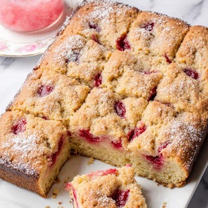 Op de afbeelding: Een vierkante cake met een kruimellaag en zichtbare rode stukjes fruit, bestrooid met poedersuiker, ligt op een witte rechthoekige schaal. Een klein stukje is eruit gesneden. Een pot roze jam staat op de achtergrond.