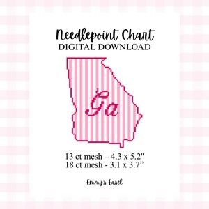 Può includere: Uno schema digitale per ricamo a mezzo punto con il contorno dello stato della Georgia a righe rosa e bianche e il testo Ga al centro. Il testo recita Needlepoint Chart DIGITAL DOWNLOAD, 13 ct mesh - 10,9 x 13,2 cm, 18 ct mesh - 7,9 x 9,4 cm e emmy's easel.