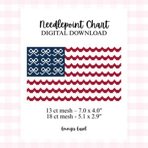 May include: A digital download needlepoint chart featuring a stylized American flag design. The flag has a blue square with white stars and red and white stripes. The chart includes measurements of 7.0 x 4.0 inches and 5.1 x 2.9 inches.