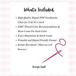 Puede incluir: Un fondo blanco con un patr&oacute;n de cuadros rosas presenta una lista titulada "What's Included:" que detalla un gr&aacute;fico digital PDF de punto de aguja, recomendaciones de hilo DMC, dimensiones e informaci&oacute;n de descarga instant&aacute;nea. Un gr&aacute;fico de aguja e hilo rosa est&aacute; en la parte inferior derecha.