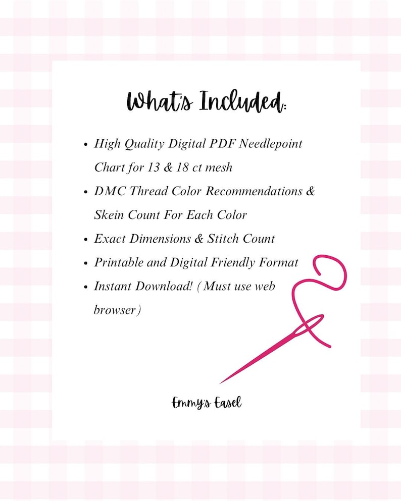Puede incluir: Un fondo blanco con un patr&oacute;n de cuadros rosas presenta una lista titulada "What's Included:" que detalla un gr&aacute;fico digital PDF de punto de aguja, recomendaciones de hilo DMC, dimensiones e informaci&oacute;n de descarga instant&aacute;nea. Un gr&aacute;fico de aguja e hilo rosa est&aacute; en la parte inferior derecha.