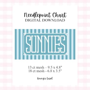 May include: A digital needlepoint chart with the word "SUNNIES" in white pixelated letters on a light blue striped background. The chart includes measurements of 9.5 x 4.8 inches and 6.8 x 3.5 inches. The text "DIGITAL DOWNLOAD" is also present.
