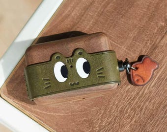 Handmade Leather Cat AirPods Case – Walnut Wood Cover