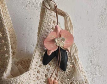 Artisan Flowers series - Leather Bag Charm/KeyChain -  Gift for her