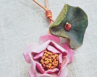 Flowers series - Lotus - Leather Bag Charm/KeyChain -  Gift for her