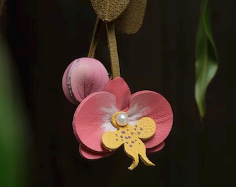 Flowers series - Phalaenopsis/Moth Orchid - Leather Bag Charm/KeyChain -  Gift for her