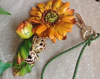 Flowers series - Leather Bag Charm/KeyChain -  Gift for her