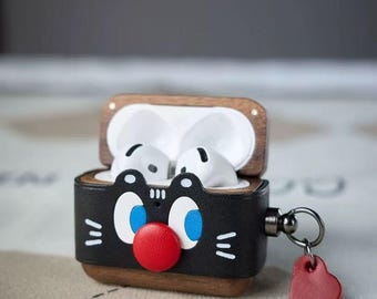 Anime Cat AirPods Case: Handcrafted Leather Cover, Walnut Box