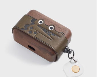 Handmade Leather Crocodile AirPods Case - Walnut Wood Box