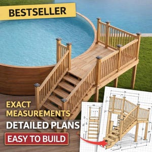 Plano personalizable de terraza para piscina de 6 a 8 plazas y piscina redonda de 18 plazas con lista de materiales y presupuesto.