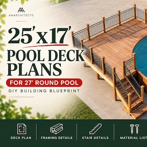 May include: A digital blueprint for a 7.6m x 5.2m wooden pool deck designed for an 8.2m round pool. The image displays a high-angle view of the deck with black railings and stairs, alongside icons for deck plans, framing, stairs, materials, and 3D views.