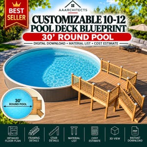 Customizable 10-12 Pool Deck 30 Round Pool Blueprint with Material List, Cost Estimate.