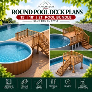 May include: Digital document titled AAARCHITECTS ROUND POOL DECK PLANS 15' | 18' | 21' POOL BUNDLE. Includes images of wooden decks with railings and stairs surrounding round pools, plus icons for floor plans, framing, stairs, materials, 3D view, and download.