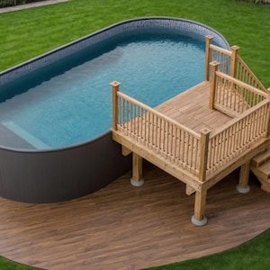 Plan personnalisable de 8 à 10 terrasses de piscine avec liste de matériaux, estimation des coûts.