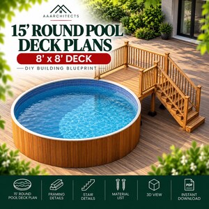 Könnte beinhalten: Ein digitaler Bauplan für ein 4,57 m rundes Pooldeck und ein 2,44 m x 2,44 m Deck. Das Bild zeigt ein Holzdeck mit Treppe neben einem runden Aufstellpool, inklusive Beschriftungen für Rahmendetails, Treppendetails, Materialliste und 3D-Ansicht.